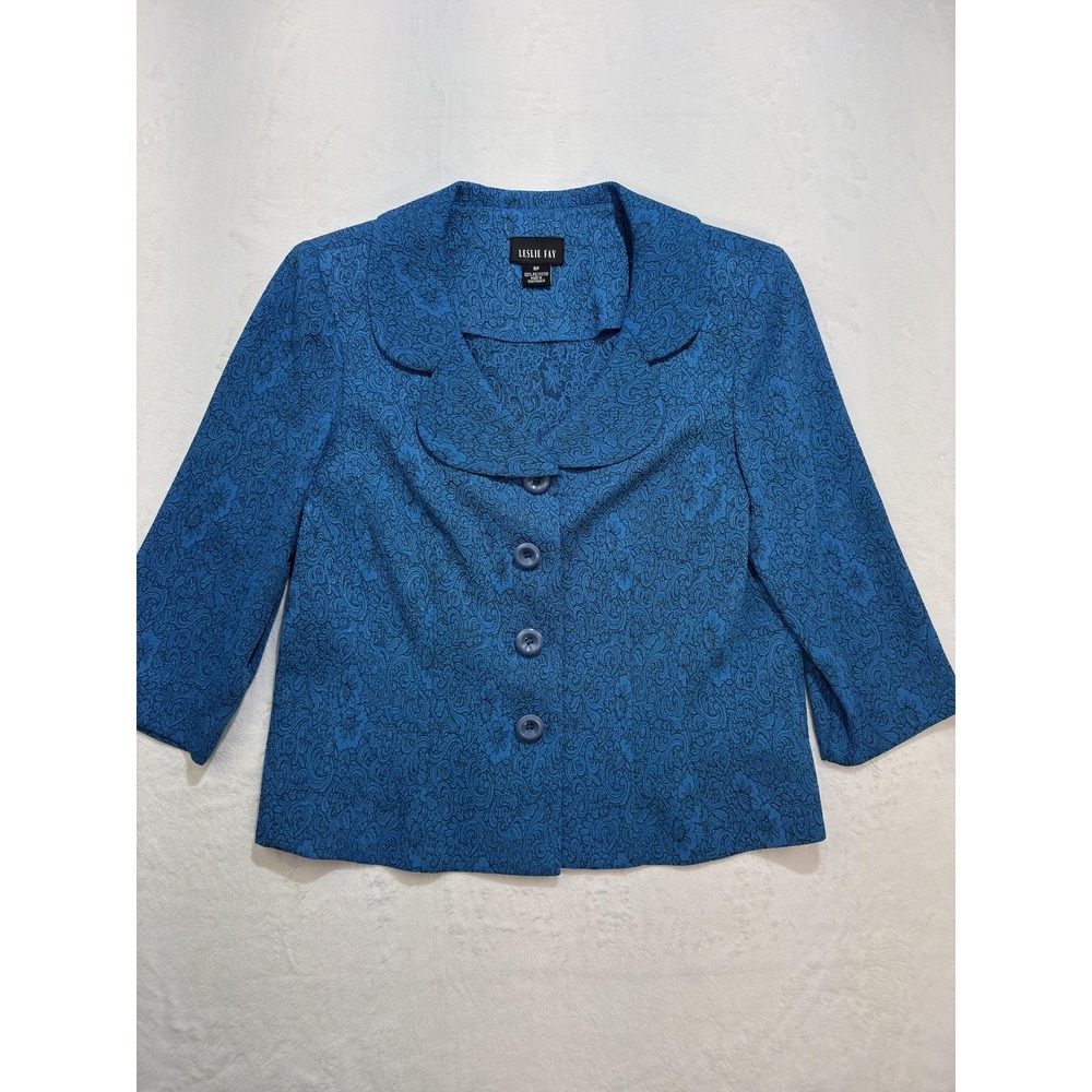 Leslie Fay Blazer Womens 8P Blue‎ Paisley Petite 3/4 Sleeve Short Jacket